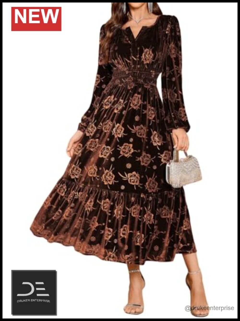 Velvet Maxi Dress Long Sleeve V Neck Floral Smocked Formal Wedding Guest
